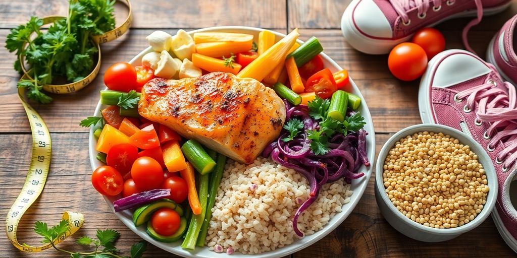 Healthy meal on table with sneakers and measuring tape.