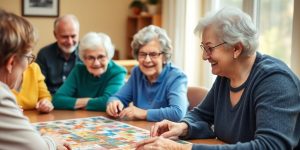 Seniors playing brain games together at a table.