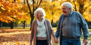 Joyful elderly couple walking in a colorful autumn park.