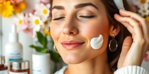 Woman applying anti-aging cream with natural skincare products.