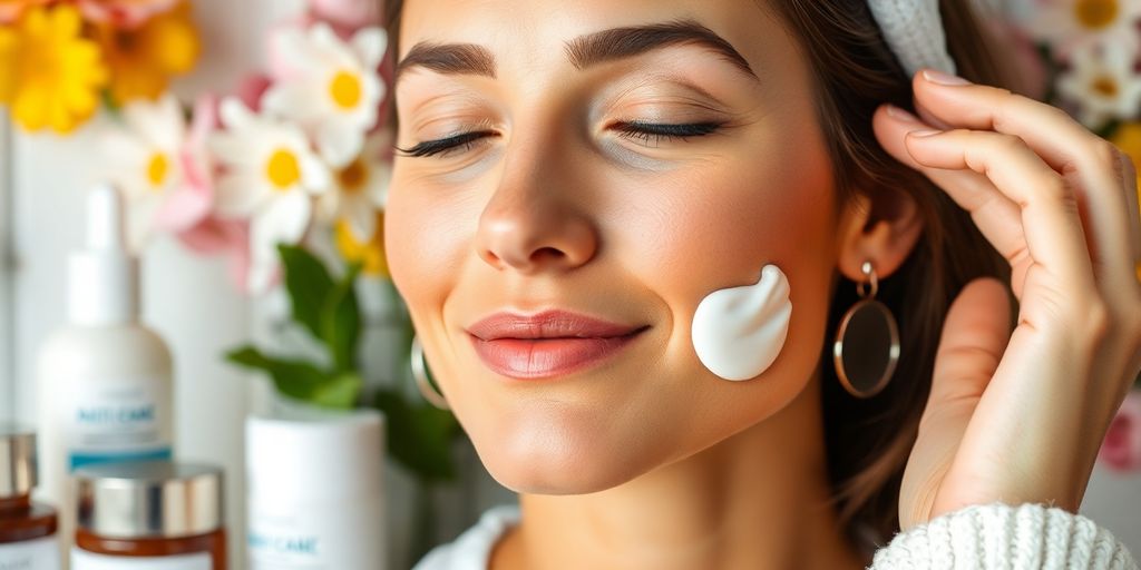 Woman applying anti-aging cream with natural skincare products.