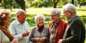 Older adults laughing and talking in a sunny park.