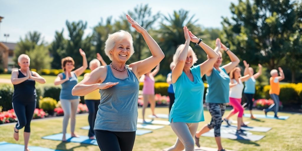 Seniors exercising outdoors in a sunny park.