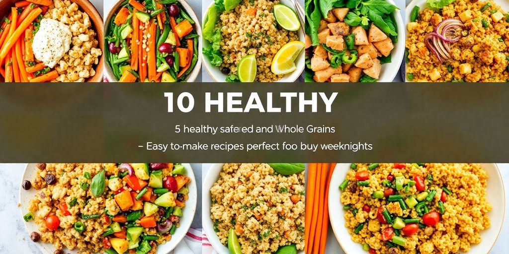 Ten healthy meals arranged beautifully on a kitchen table.